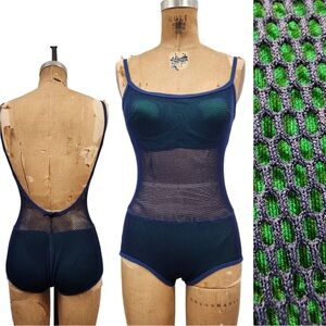 1950s mesh swimsuit in blue mesh with green inserts